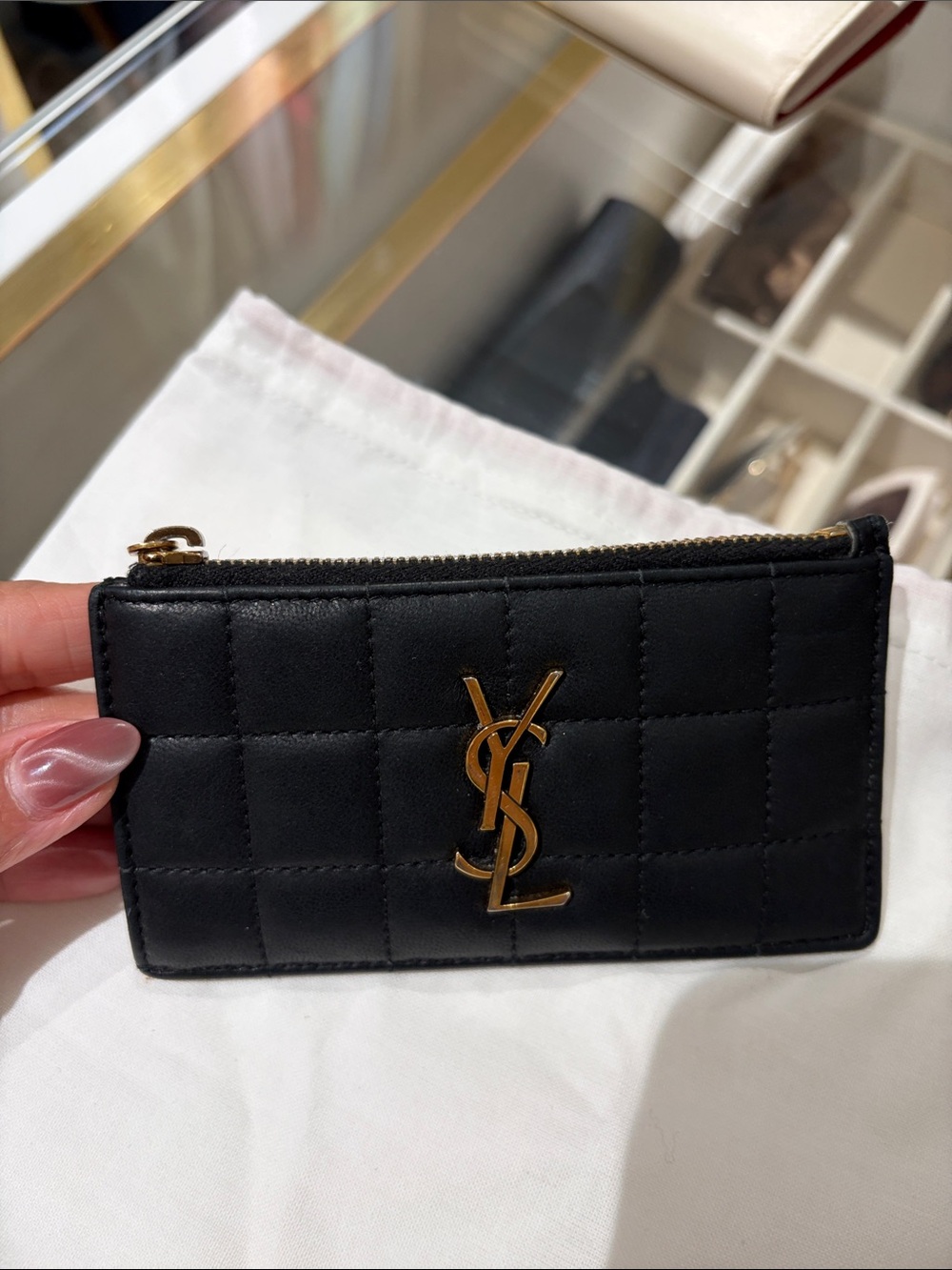 Saint Laurent Gaby Quilted Fragment Zip Card Case in Lambskin Black